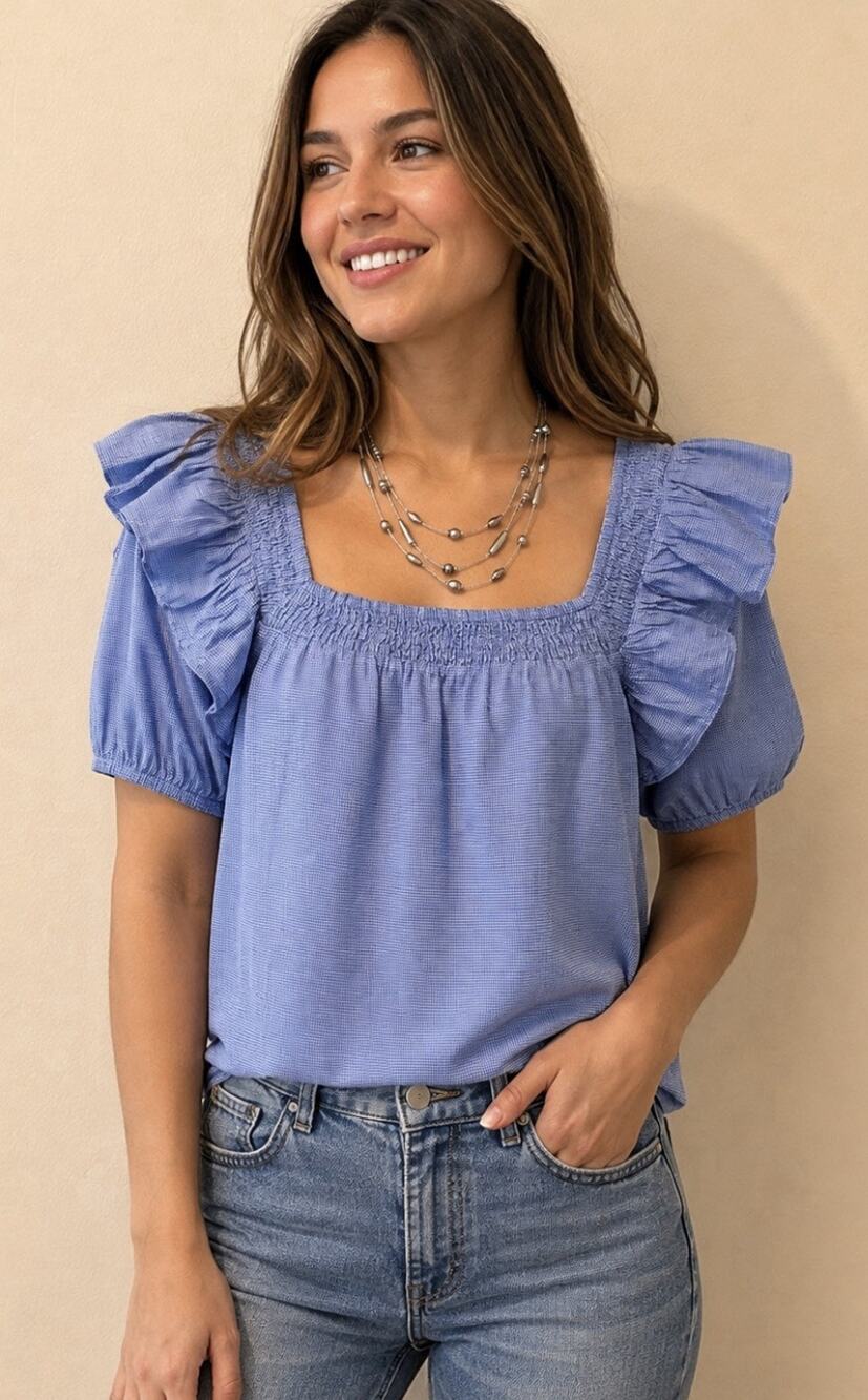 Zara Blue Gingham Cottagecore Smocked Puff Sleeve Top – Women’s L
